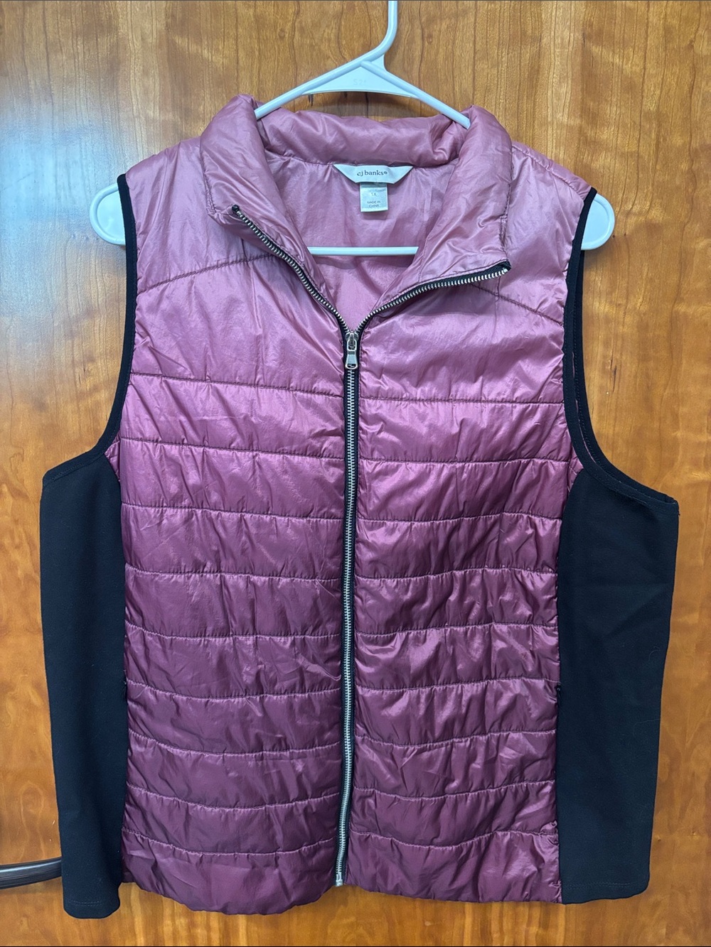 CJ Banks Quilted Plum Sleeveless Vest with Black Side Panels